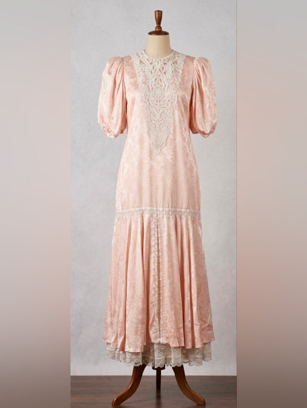 Jessica McClintock Vintage Soft Pink Brocade Lace Flapper Maxi Dress 12-14